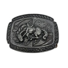 Vintage Silver Metal Cast Bucking Bronco Horse Belt Buckle 3.5" x 2.75"