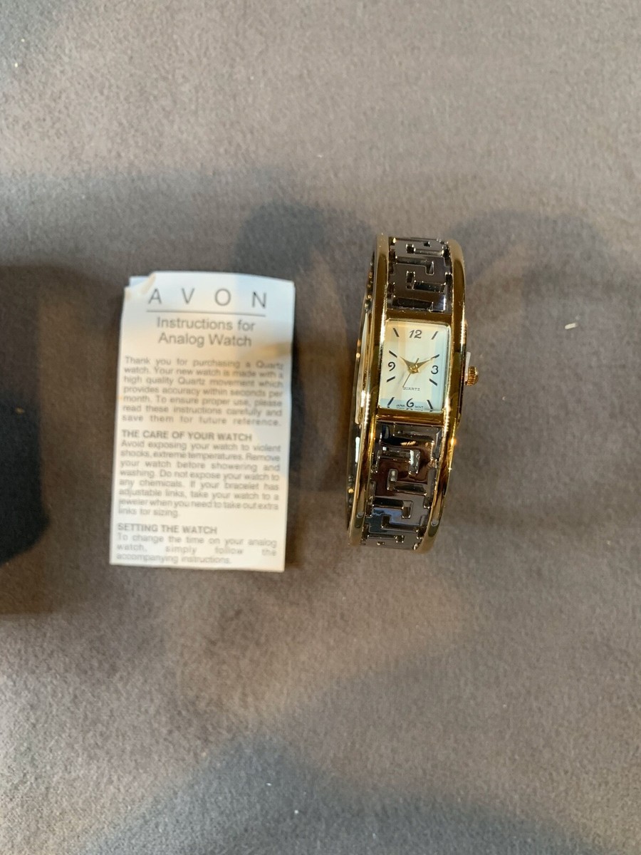 Avon Greek Key Clamper Bracelet Wrist Watch Avon Large GREEK KEY GOLD & SILVER TONE CUFF HINGED BANGLE  main image 3
