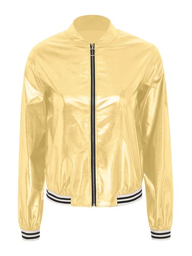 Women Metallic Jacket Long Sleeve Front Zip Sparkle Shiny Party Bomber Jacket - Picture 17 of 52