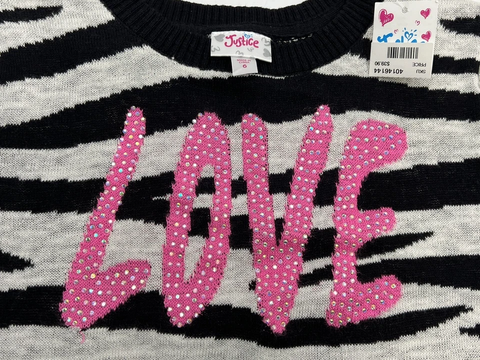 Justice Sweater Girls Size 6 Zebra Blinged Black White Pink 100% Cotton Pullover - Image 2 of 4
