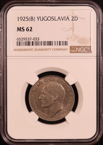 1925 Yugoslavia "King Alexander I" 2 Dinara - NGC MS62! Attractive Luster! PQ+