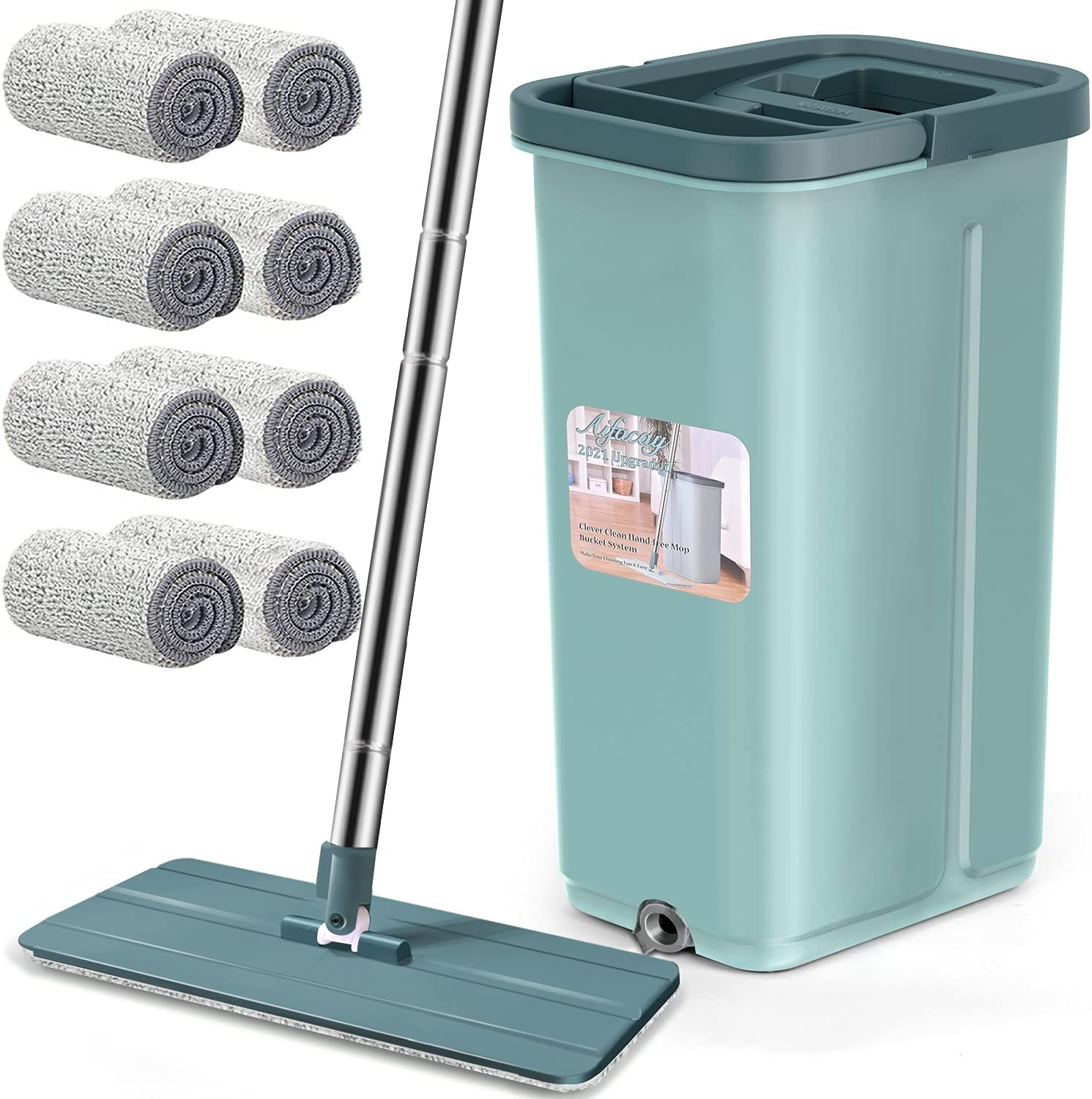 Microfiber Floor Mop and Bucket Set with 8 Reusable Pads  