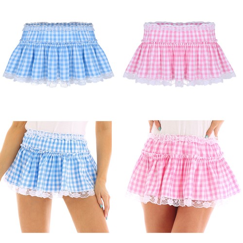 Sissy Mens Women Elastic Waist Gingham A-line Mini Pleated Skirts Fancy Dresses - Picture 2 of 23