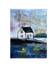 Aceo By Kenna Original Painting White Cottage By The Sea  2.5” X 3.5”