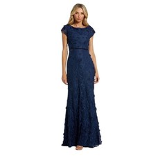 Mac Duggal NEW Sz 18 Blue Floral Applique Boat Neck Short Sleeve Gown 67711
