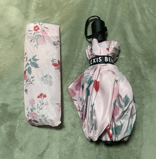 Women s Compact Folding Umbrella Pink Floral Pattern with Strap