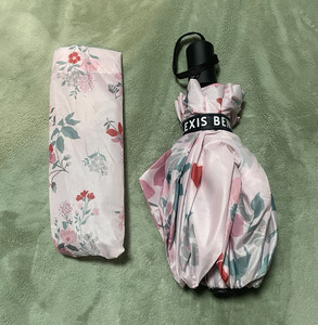 Women’s Compact Folding Umbrella Pink Floral Pattern with Strap
