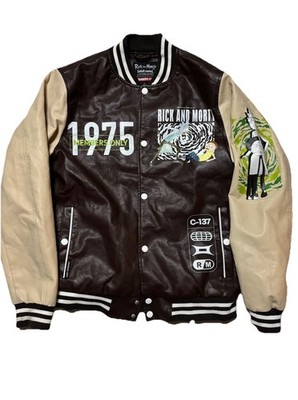 Members Only x Rick and Morty Fear Hole Varsity Jacket Brown Small