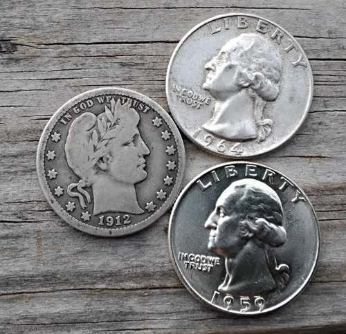 SILVER QUARTERS THREE 1912S 1959 1964 TWO UNCIRCULATED