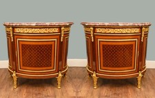 Pair French Empire Demi Lune Commodes Marquetry Cabinets Gilt