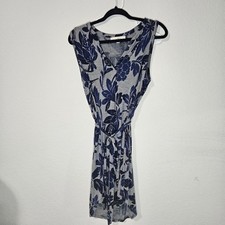 LOFT Gray and Blue floral dress size Medium pull over v-neck, waist tie