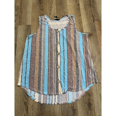 W5 Ribbed Striped Sleeveless Top Womens Small Blue Brown Casual Button Excellent