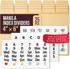 25 Heavyweight Manila Index Card Dividers 4x6 - Index Organizer Dividers with...