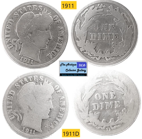 Antique 1911 1911D⌛US Phila & Denver Mint Silver Barber Dimes🪙As Depicted🪙