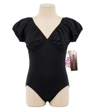 DanceTech Black Puff Sleeve Vneck Dance Leotard Heavy Shirring Girls Youth