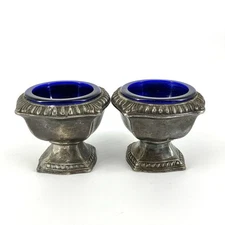Antique W.B. Mfg Co 2 Salt Cellars Silver Plate Cobalt Glass Weidlich Brothers