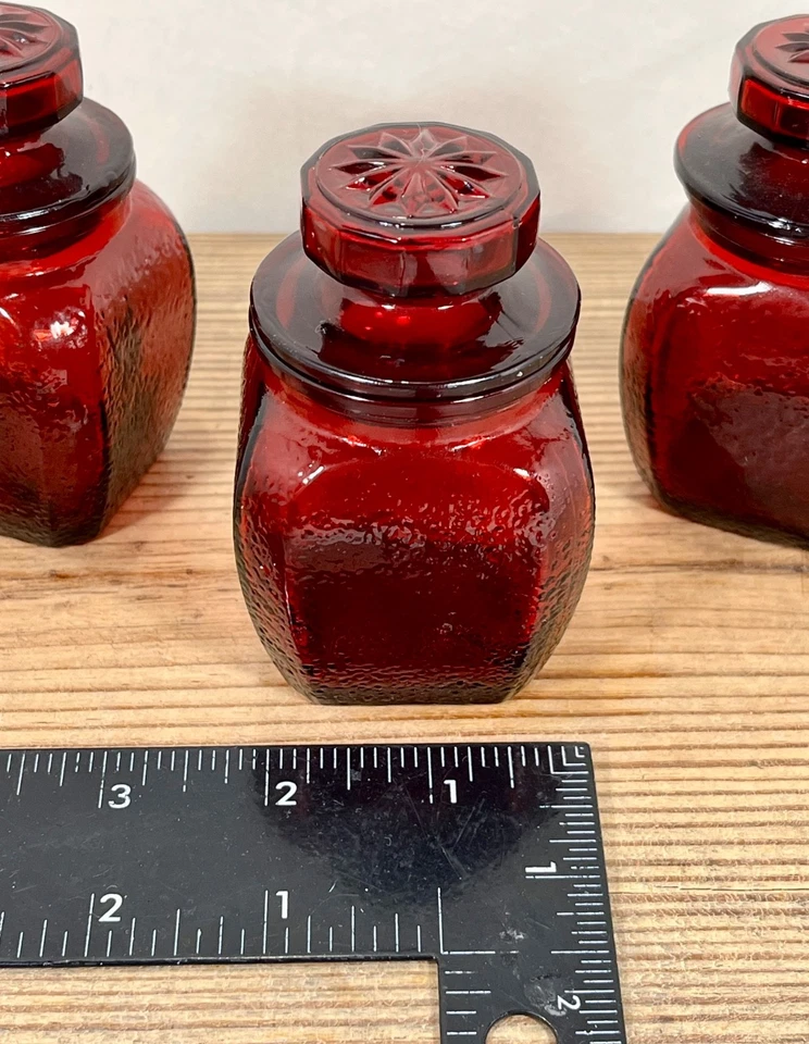 Vintage Ruby Red Small Apothecary Jar Rough / Textured Finish With Lid Set of 3 - Image 4 of 4