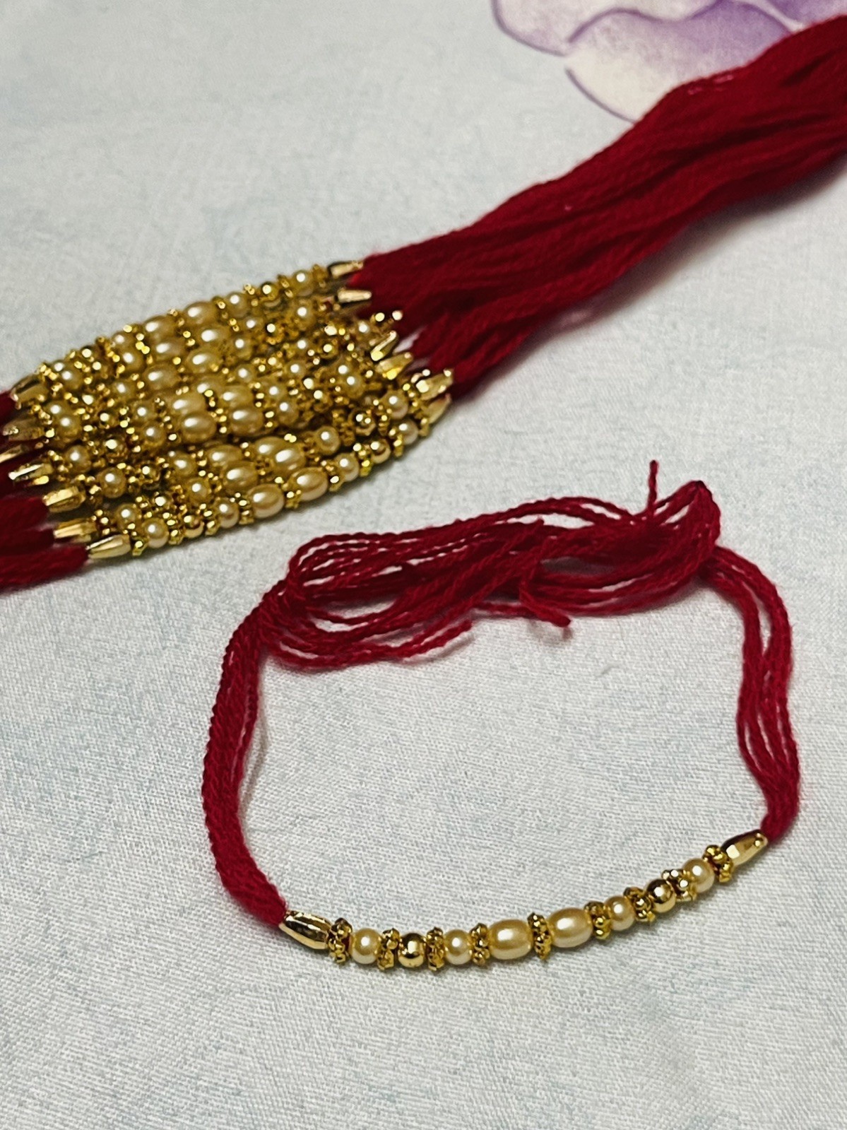 12 Pc Ivory & Gold Bead Rakhi Set Handmade Traditional Thread for Brother Bulk — image 2