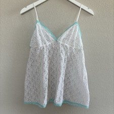 vintage y2k white lace victoria s secret babydoll top teal bow women s sz large