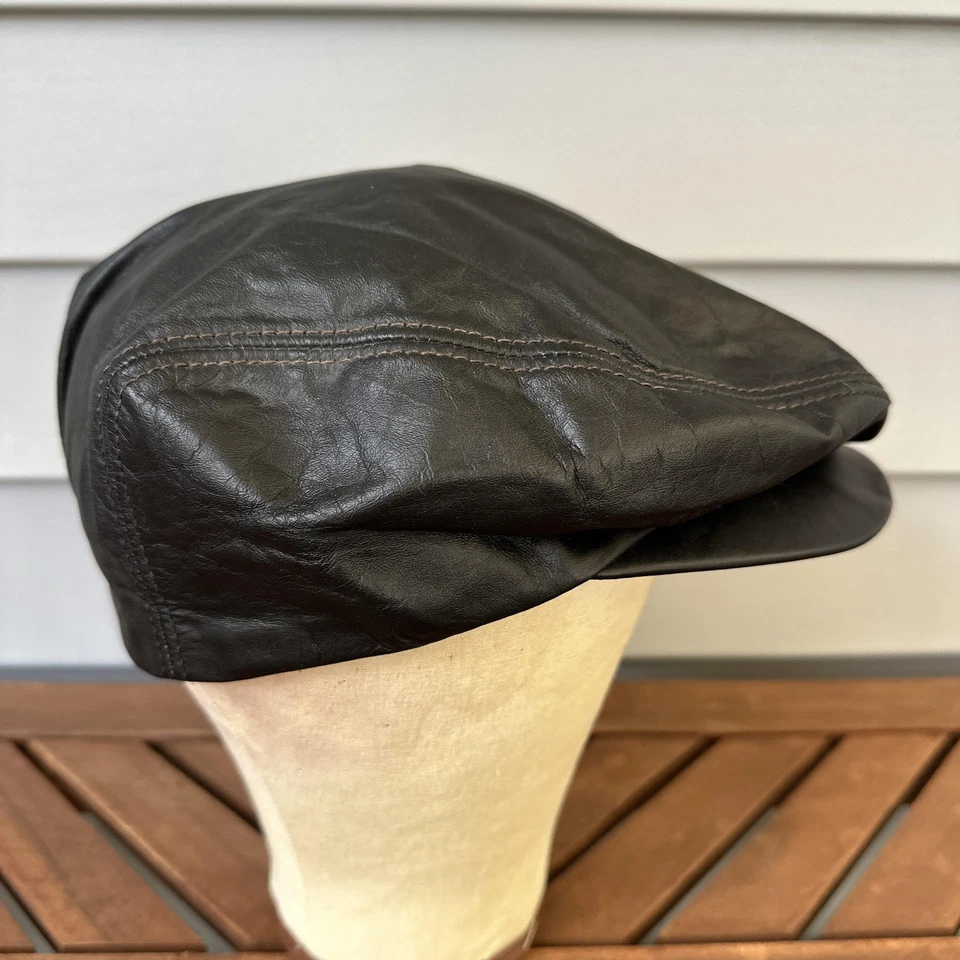 Vintage Wilsons Leather Hat Cap Fitted Mens Large Black Newsboy Ivy Made USA 90s - Image 3 of 4