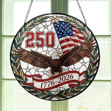 Custom Eagle Floral Stained Glass Suncatcher, USA 250th Window Decor Gift