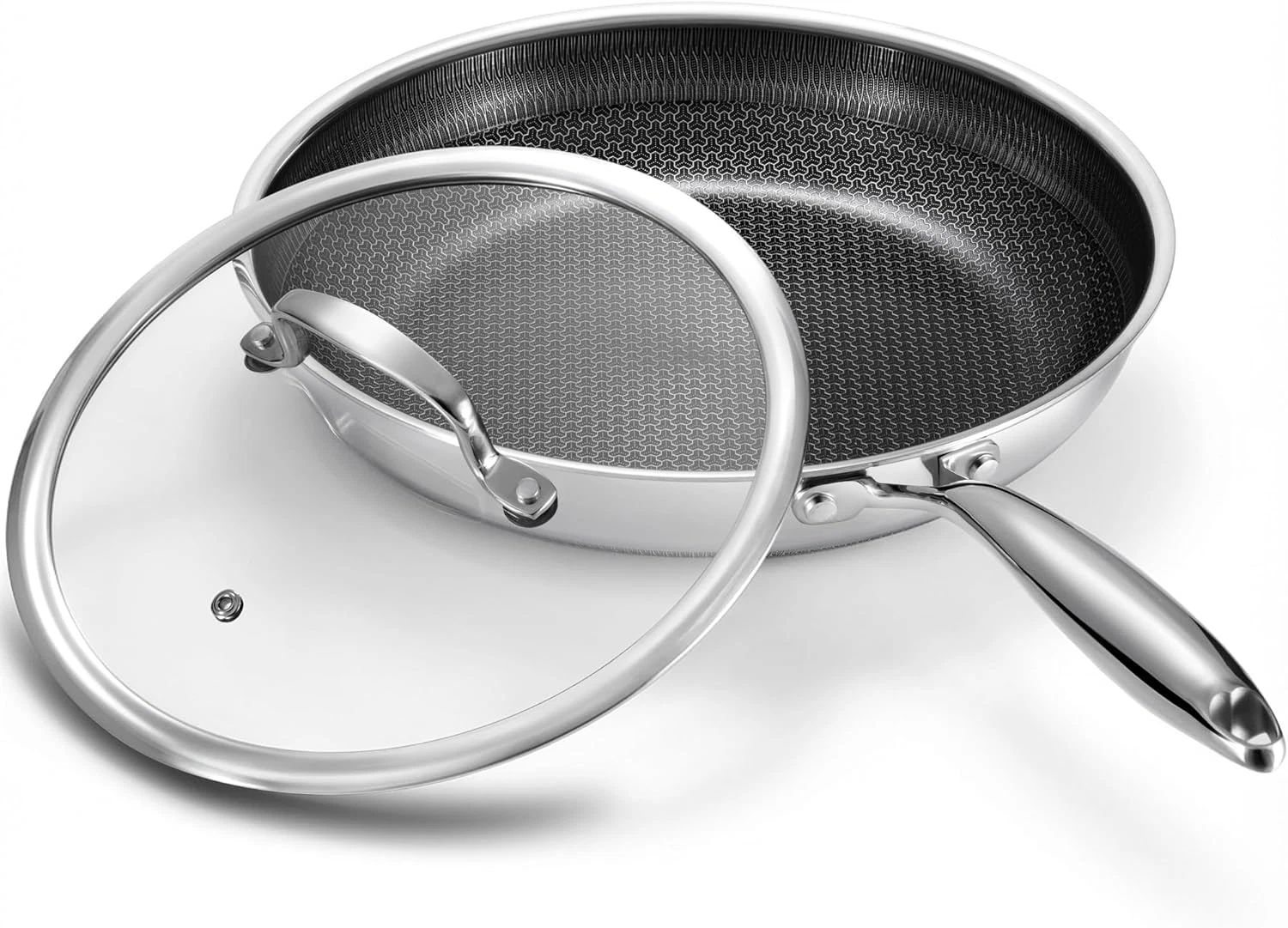 Non Stick Frying Pan 12 Inch with Lid, Hybrid Nonstick Stainless Steel Skillet P
