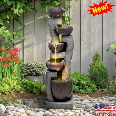 Indoor Outdoor 5-Tier Water Fountain W/ Lights Pump Modern Garden Decor New