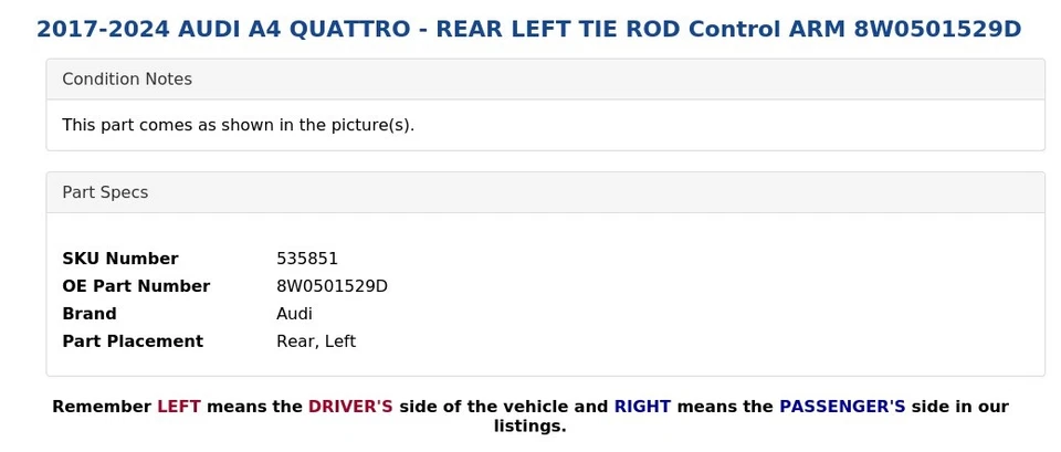 AUDI A4 QUATTRO 2017-2024 - Brazo de control trasero izquierdo 8W0501529D Foto 4 de 4