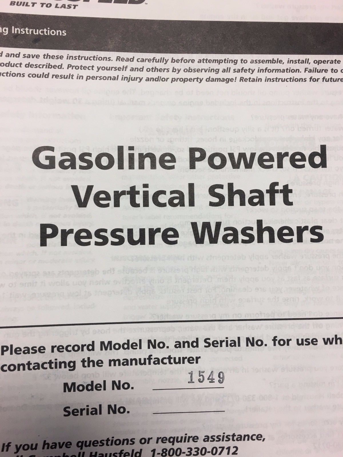 CAMPBELL HAUSFELD GASOLINE POWERED VERTICAL SHAFT PRESSURE WASHERS 1549