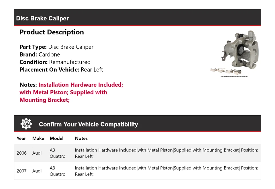 Pinza de freno de disco trasera izquierda cardone para Audi A3 Quattro 2006-2007 Foto 2 de 4