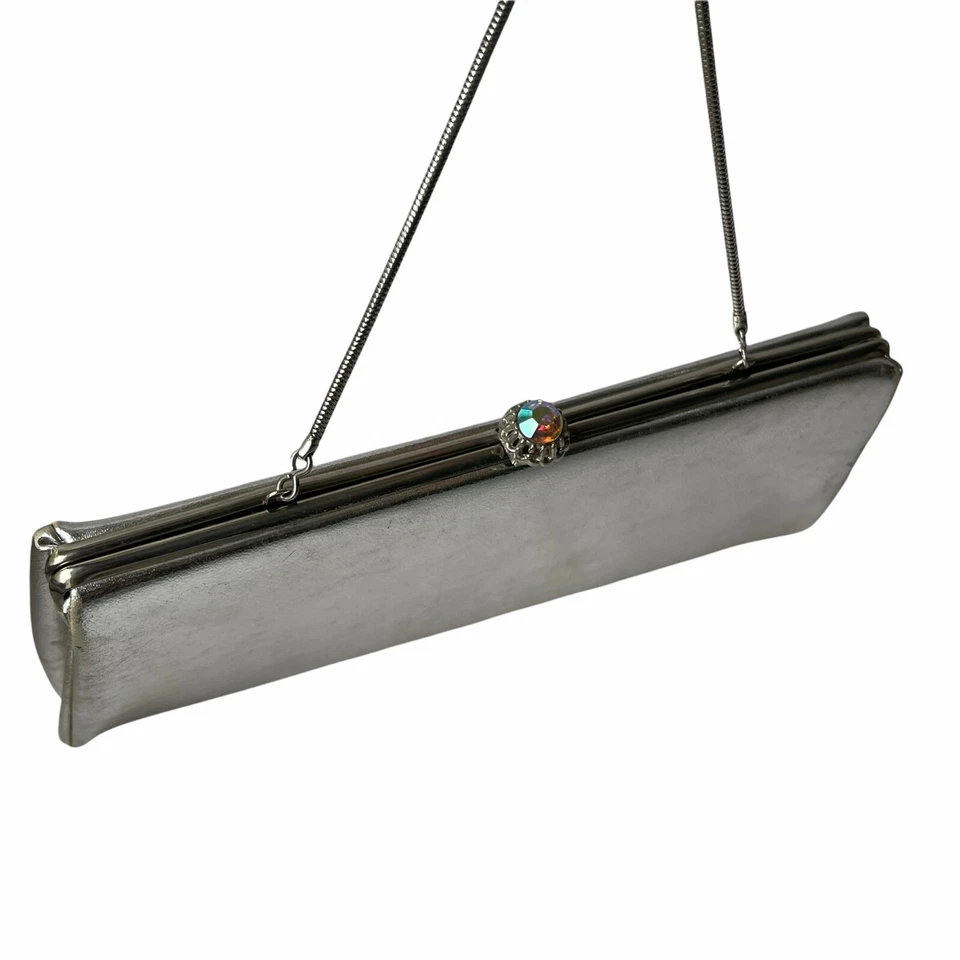 Bolso de Noche Vintage Cierre Joya Iridiscente Tono Plateado y Mango de Eslabones de Cadena Foto 4 de 4