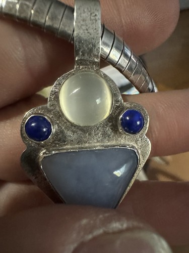 Jewerly Italy .925 SS Omega Necklace 16” Blue Chalcedony Cat Eye Moonstone Rare - Picture 22 of 22