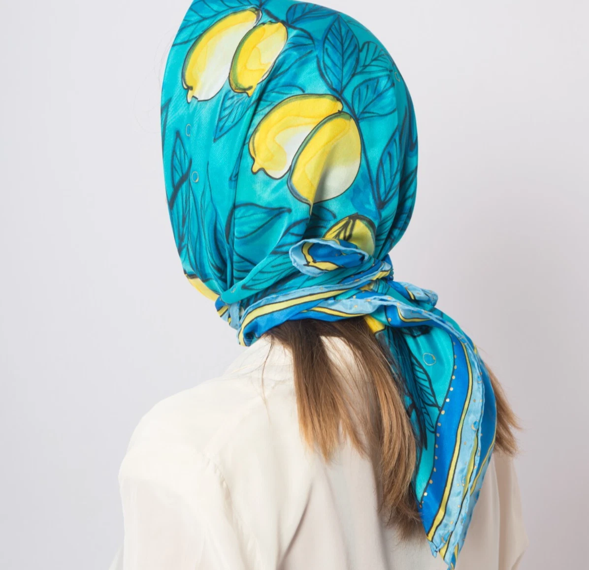 Lemon Print Hand Painted Silk Head Scarf Blue Lemon Summer Scarf Gift 35X35