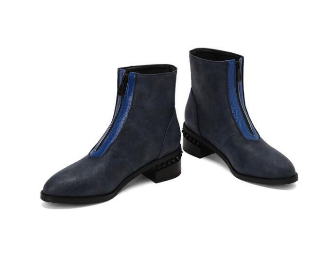 Botas al tobillo para mujer color empalme punta redonda imitación cuero bloque tacones zapatos talla