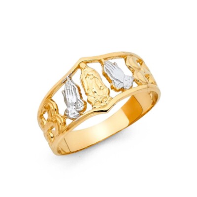 14K Solid Two Tone Gold Religious Praying Hand Guadalupe Ring Band ...