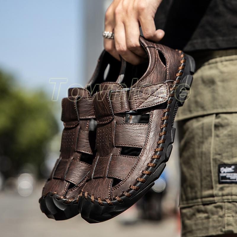 Men's Sandals Waterproof Leather Woven Outdoor Fisherman Closed