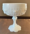 Milk Glass White Rose Flower Embossed Pedestal Compote Candy Dish 6.25" Vintage