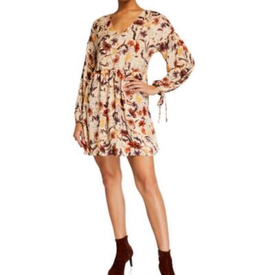 NEW! Glamorous Floral Print Fit & Flare Mini Dress, Size Small, Cream Tan Brown