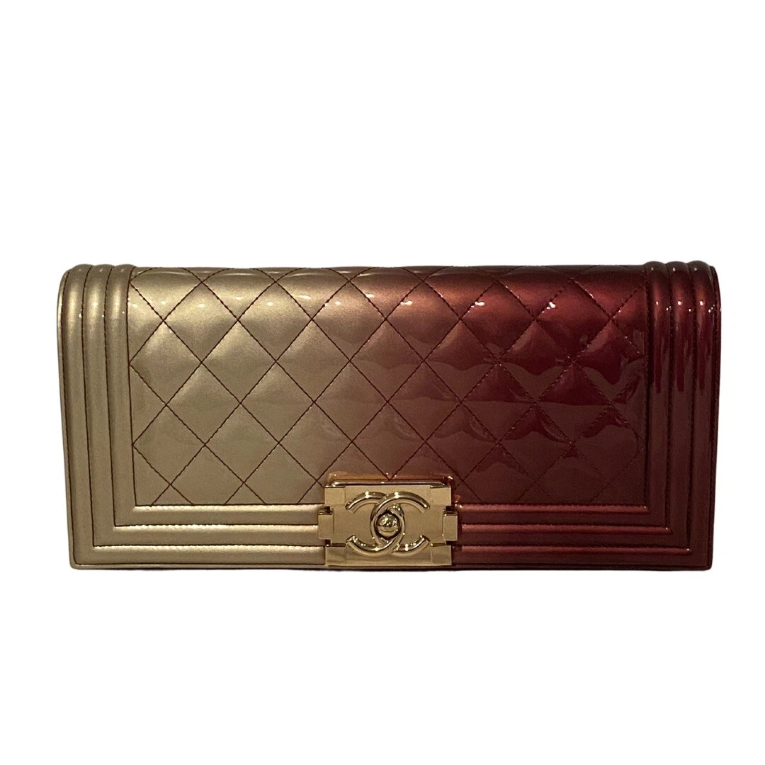 NWT Authentic Chanel Boy Bag Beige Pink Ombré Patent Leather Gold Quilted  Clutch