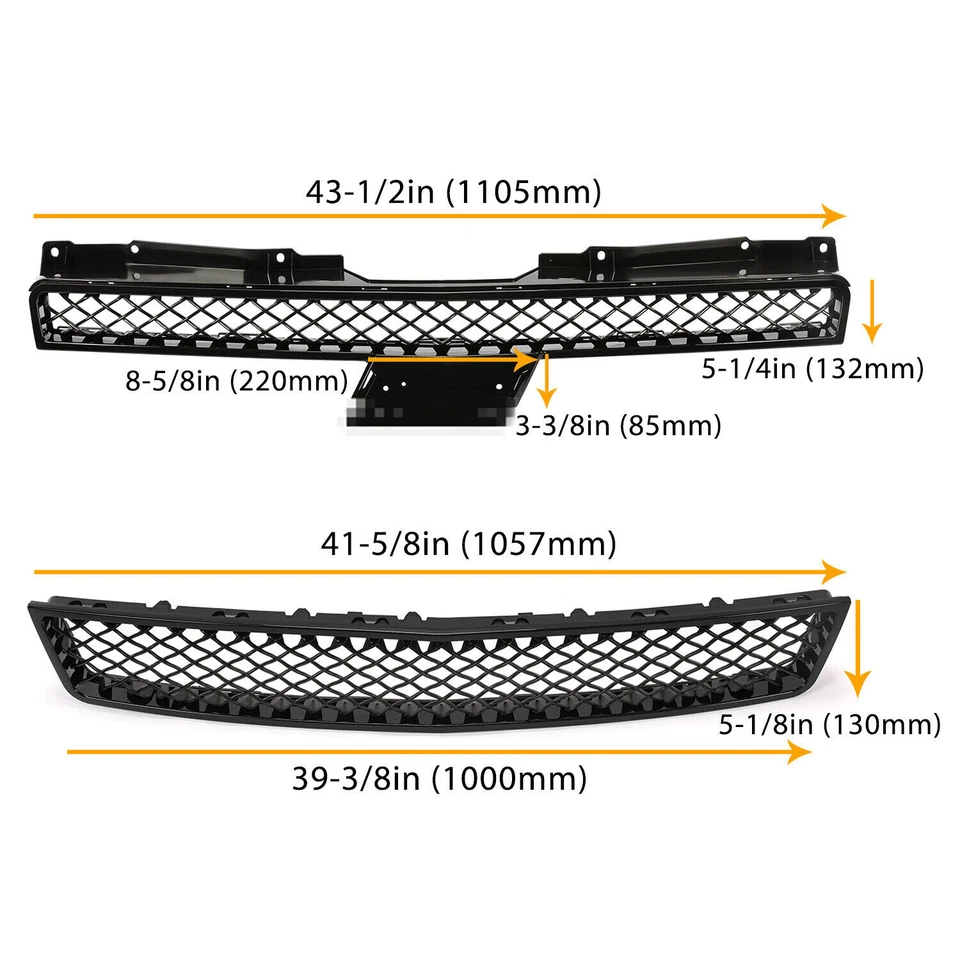 Black Front Upper+Lower Grille For Chevy Tahoe Suburban Avalanche 2007-2014 - Image 3 of 4