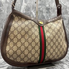 GUCCI 72.001.4467 GG Sherry Line Shoulder Bag Brown Beige Leather Logo