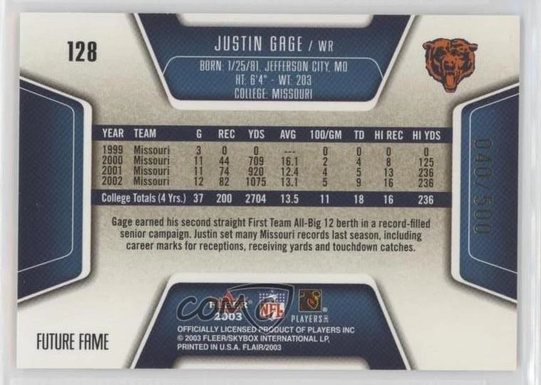 2003 Flair Future Fame /500 Justin Gage #128 Rookie RC - Image 2 of 2