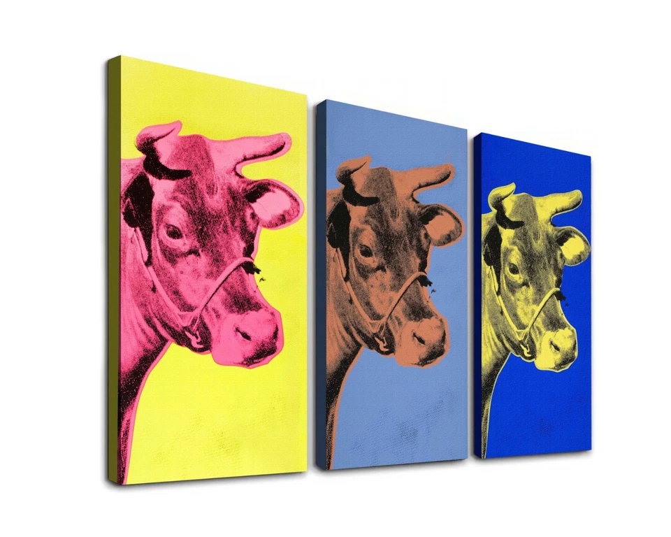 Andy Warhol 牛流行艺术帆布印花,大号 3 面板墙艺术,可悬挂 — 第 2/4 张图片