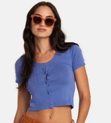 RVCA Float Sweater Crop Top Sz M Moroccan Blue VNeck Button Down Knit Viscose Ny