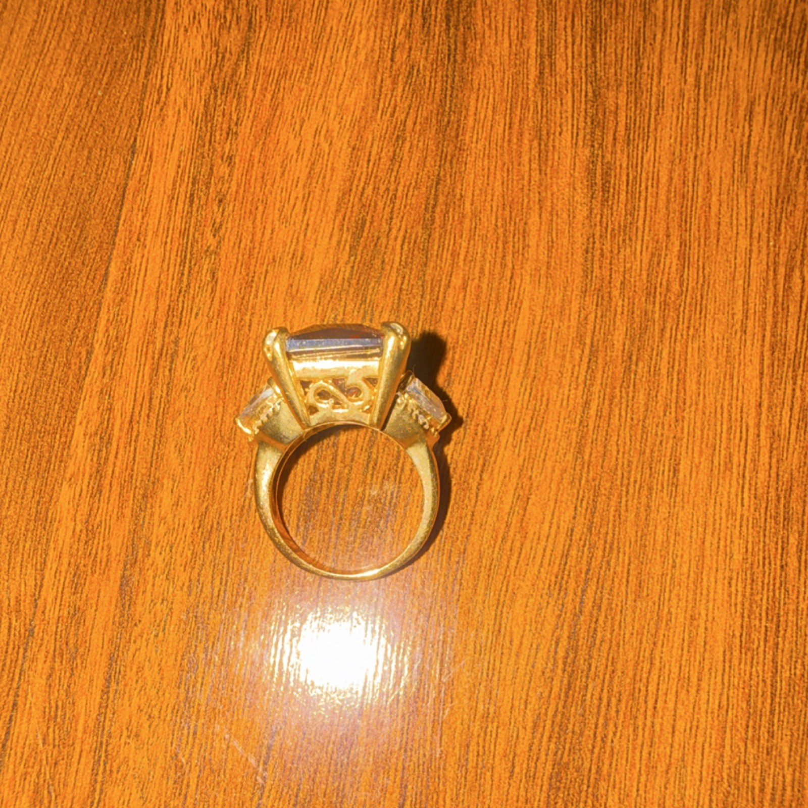 Gold Tone Ring with Large Red Rectangle Stone & C… - image 3