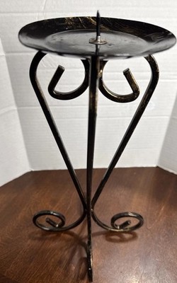 Piller Candle Holder Metal Scrollwork 13 In Tall~Gold And Black