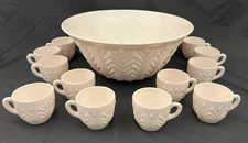 1950's Jeanette Feather Shell Pink Milk Glass Punch Bowl w/ 12 Matching Cups (S1