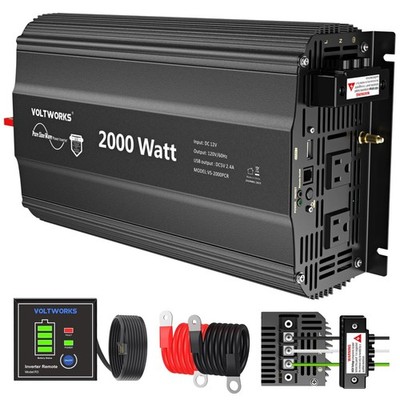 Pure Sine Wave 2000W Inverter DC12V to AC110-120V with Remote Control VOLTWORKS
