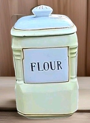 Vtg Ceramic FLOUR Canister W/ Lid Yellow & White Hand Paint 7.25'' Japan USS1