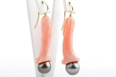 Lachsfarbene Sardegna Korallen Ohrringe Tahiti Perle 750 Gelb gold 18 K Neu - - Bild 1 von 4